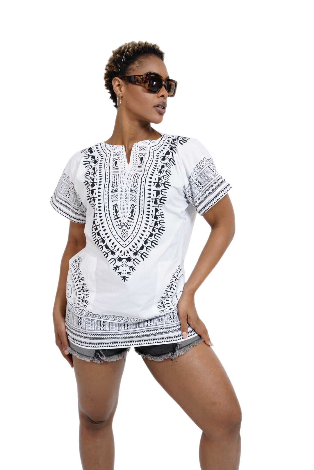 Dupsie's White African Print Unisex Dashiki Shirt Suitable for Festivals, Concerts, Cruises, Outdoor Events -DP3830M