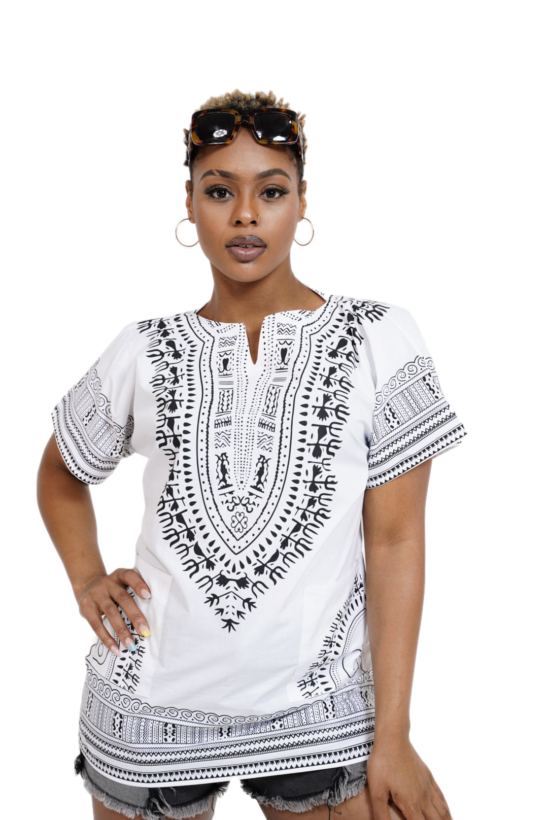 Dupsie's White African Print Unisex Dashiki Shirt Suitable for Festivals, Concerts, Cruises, Outdoor Events -DP3830M