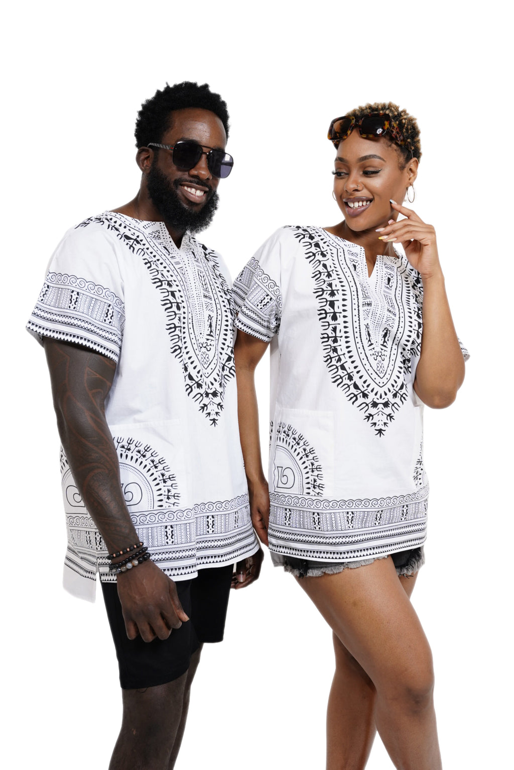 Dupsie's White African Print Unisex Dashiki Shirt Suitable for Festivals, Concerts, Cruises, Outdoor Events -DP3830M