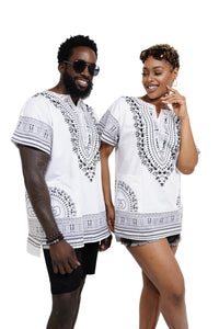 Dupsie's White African Print Unisex Dashiki Shirt Suitable for Festivals, Concerts, Cruises, Outdoor Events -DP3830M