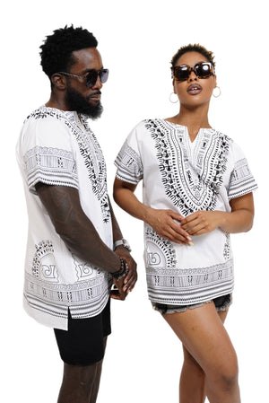 Dupsie's White African Print Unisex Dashiki Shirt Suitable for Festivals, Concerts, Cruises, Outdoor Events -DP3830M