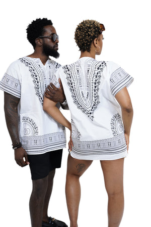 Dupsie's White African Print Unisex Dashiki Shirt Suitable for Festivals, Concerts, Cruises, Outdoor Events -DP3830M