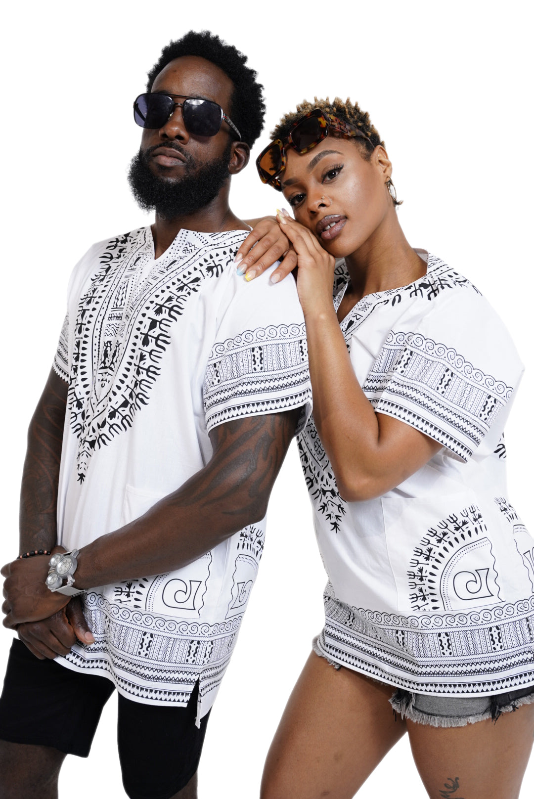 Dupsie's White African Print Unisex Dashiki Shirt Suitable for Festivals, Concerts, Cruises, Outdoor Events -DP3830M