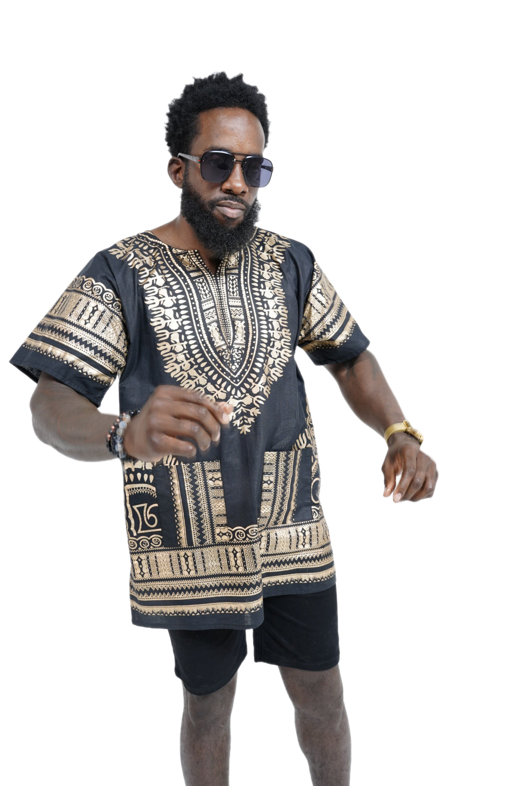 Dupsie's Black and Gold African Print Unisex Dashiki Shirt Suitable for Festivals, Concerts, Cruises, Outdoor Events -DP3764