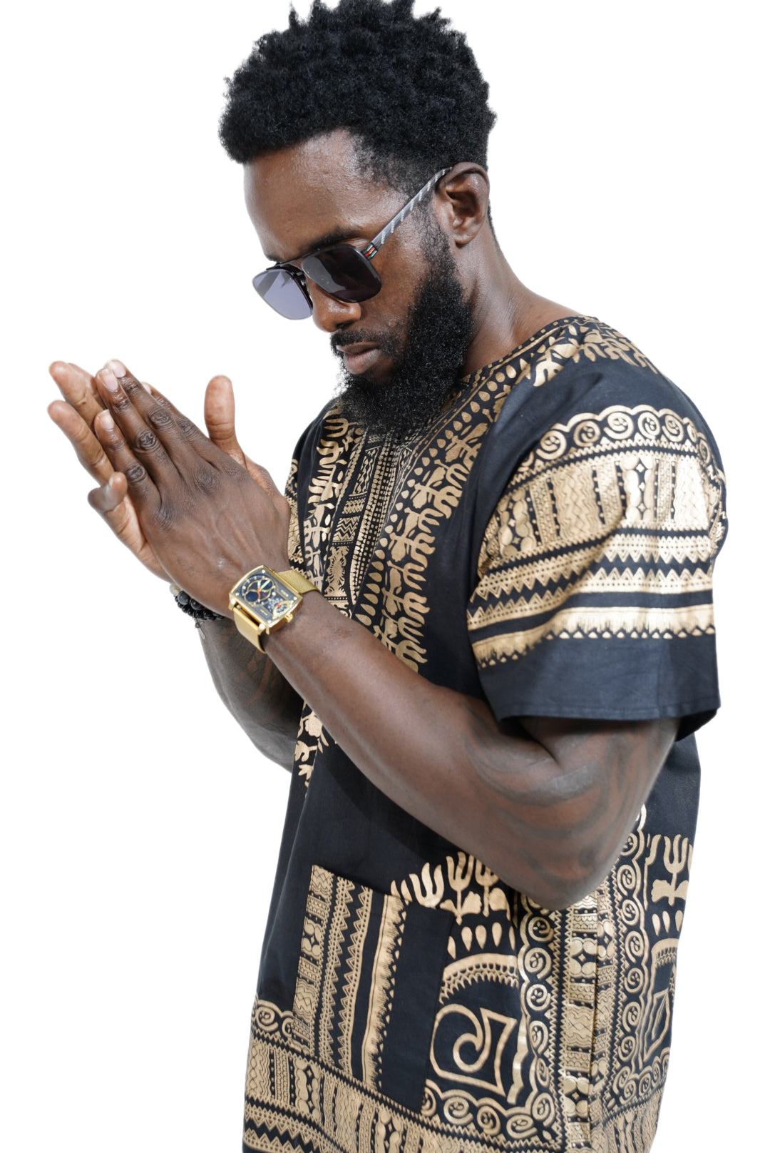 Dupsie's Black and Gold African Print Unisex Dashiki Shirt Suitable for Festivals, Concerts, Cruises, Outdoor Events -DP3764