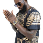 Dupsie's Black and Gold African Print Unisex Dashiki Shirt Suitable for Festivals, Concerts, Cruises, Outdoor Events -DP3764