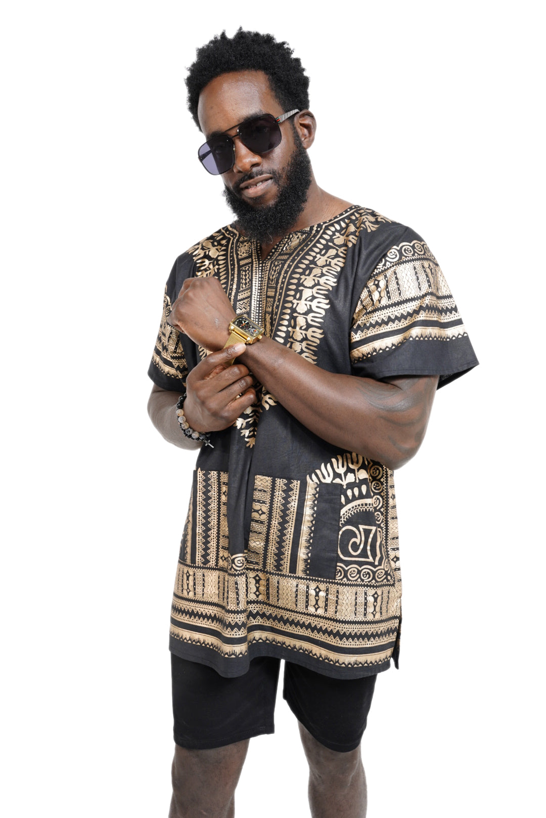 Dupsie's Black and Gold African Print Unisex Dashiki Shirt Suitable for Festivals, Concerts, Cruises, Outdoor Events -DP3764