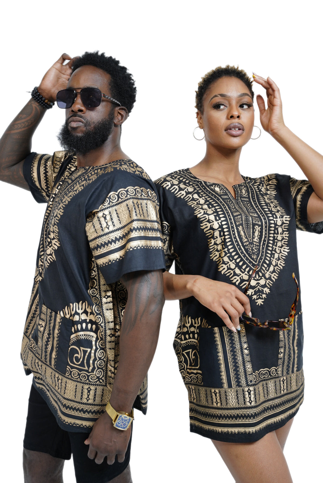 Dupsie's Black and Gold African Print Unisex Dashiki Shirt Suitable for Festivals, Concerts, Cruises, Outdoor Events -DP3764