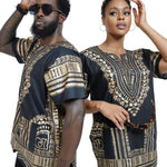 Dupsie's Black and Gold African Print Unisex Dashiki Shirt Suitable for Festivals, Concerts, Cruises, Outdoor Events -DP3764
