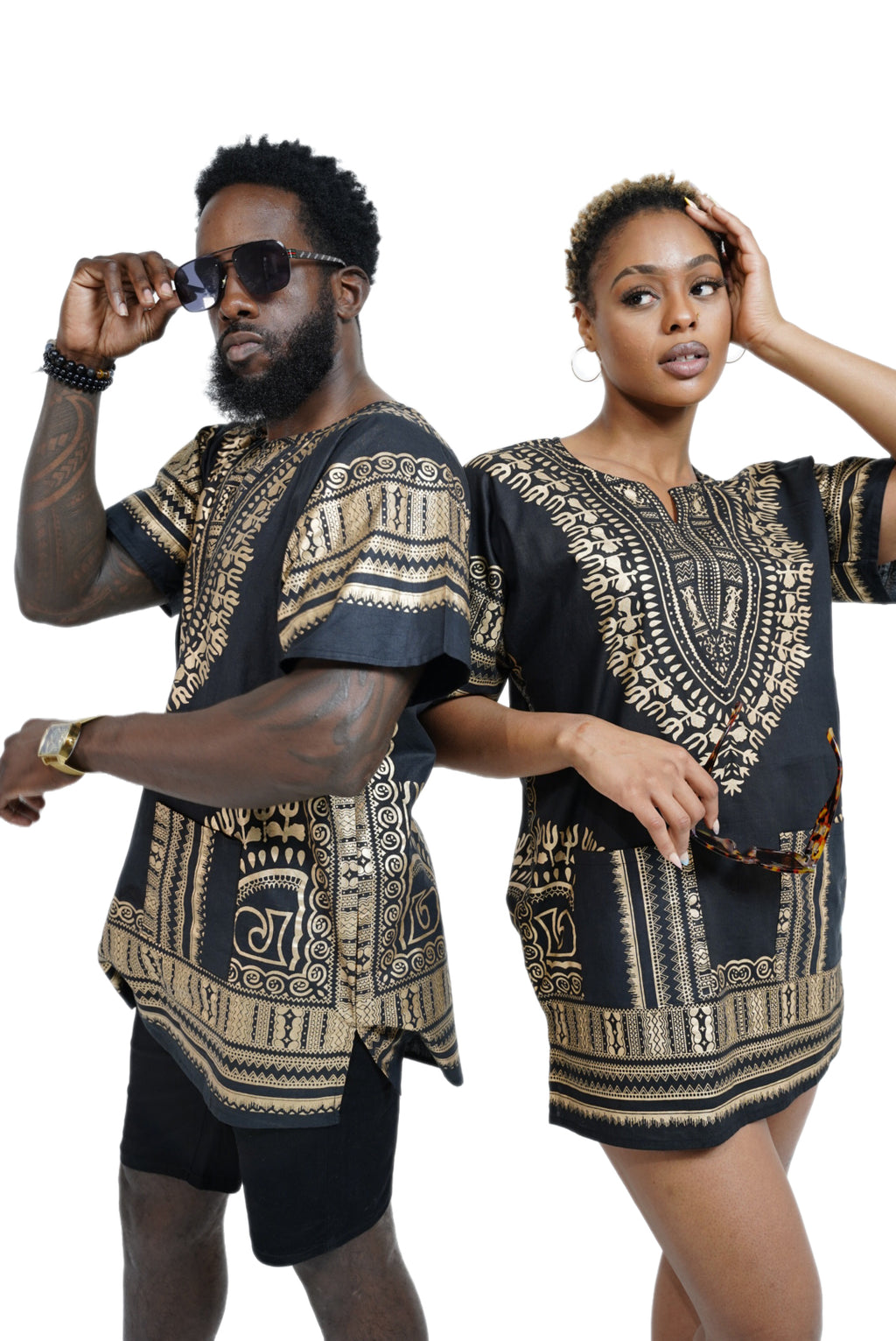 Dupsie's Black and Gold African Print Unisex Dashiki Shirt Suitable for Festivals, Concerts, Cruises, Outdoor Events -DP3764