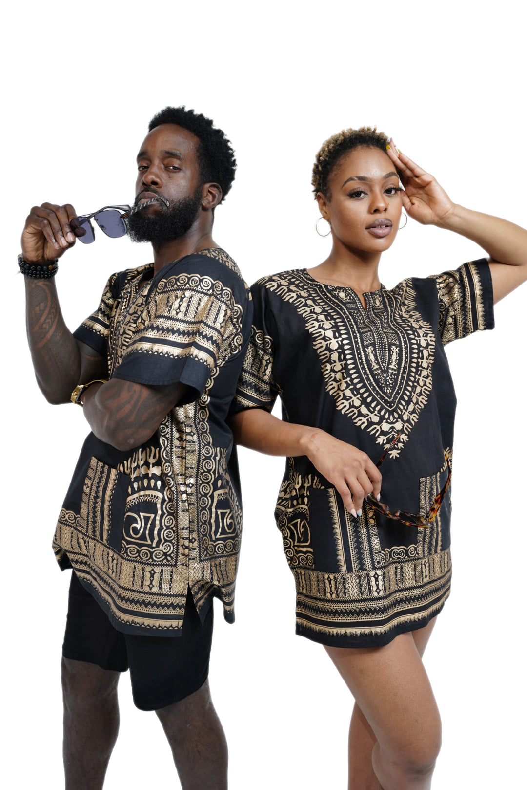 Dupsie's Black and Gold African Print Unisex Dashiki Shirt Suitable for Festivals, Concerts, Cruises, Outdoor Events -DP3764