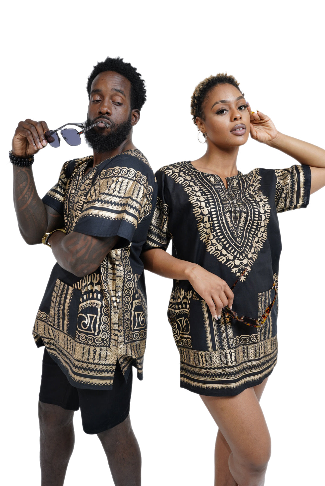 Dupsie's Black and Gold African Print Unisex Dashiki Shirt Suitable for Festivals, Concerts, Cruises, Outdoor Events -DP3764