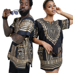 Dupsie's Black and Gold African Print Unisex Dashiki Shirt Suitable for Festivals, Concerts, Cruises, Outdoor Events -DP3764