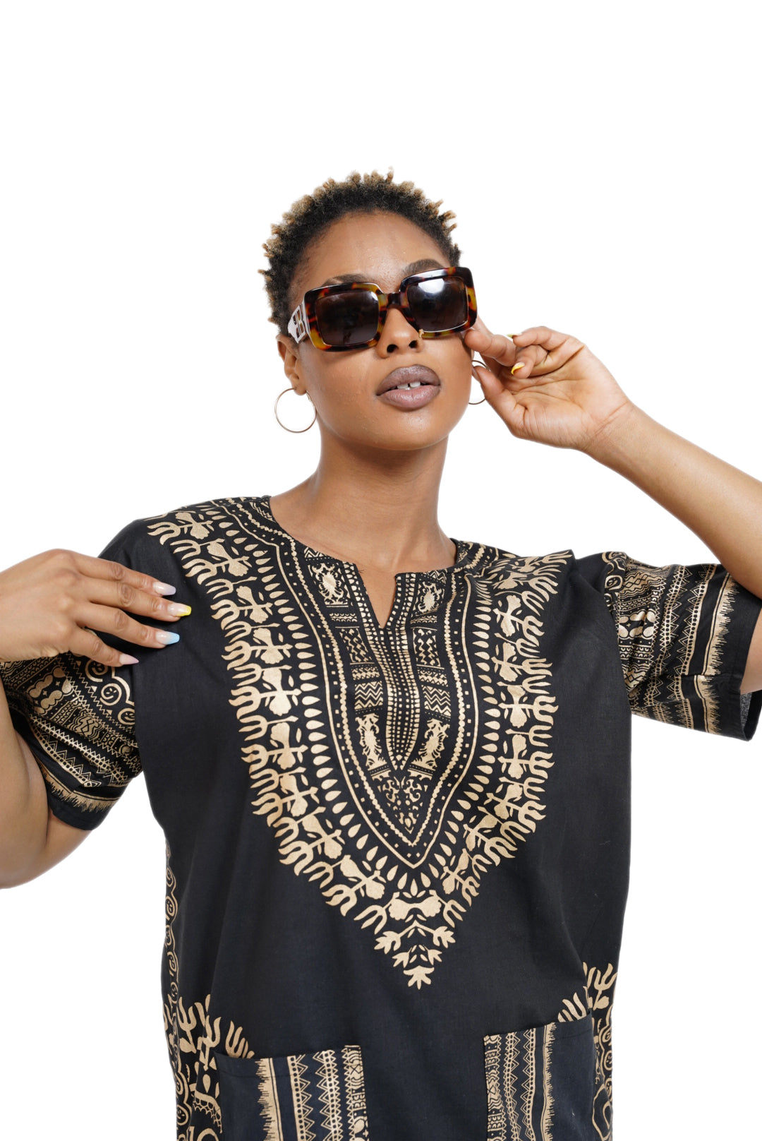 Dupsie's Black and Gold African Print Unisex Dashiki Shirt Suitable for Festivals, Concerts, Cruises, Outdoor Events -DP3764