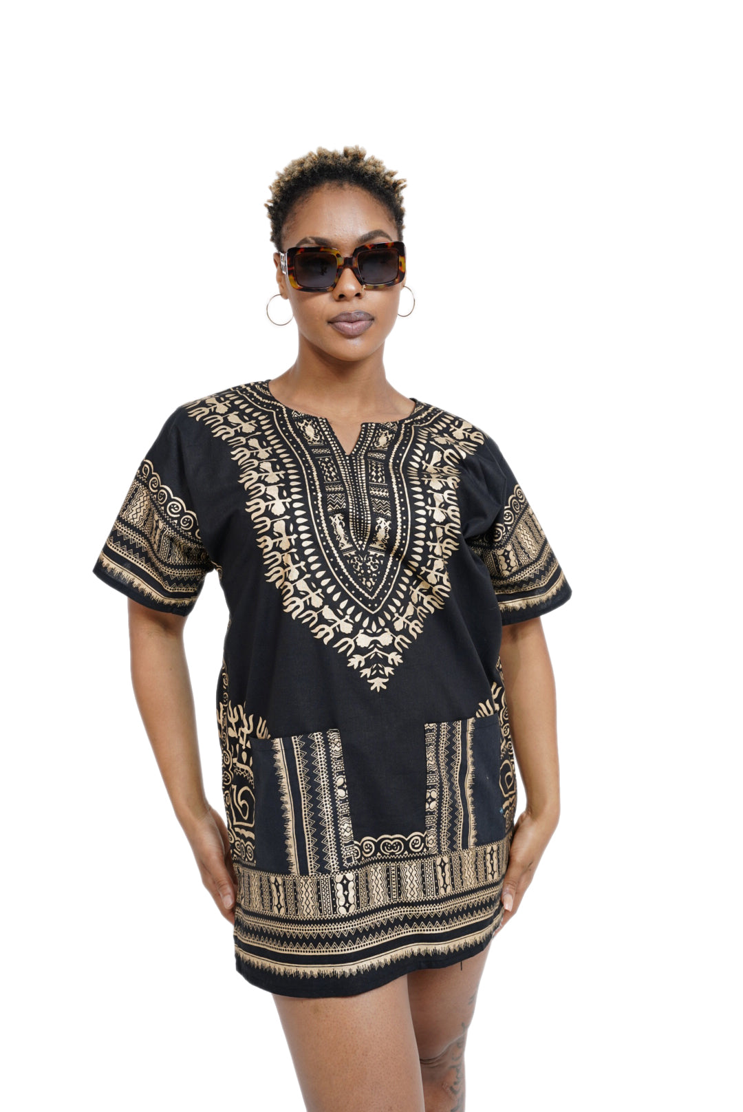 Dupsie's Black and Gold African Print Unisex Dashiki Shirt Suitable for Festivals, Concerts, Cruises, Outdoor Events -DP3764