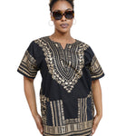 Dupsie's Black and Gold African Print Unisex Dashiki Shirt Suitable for Festivals, Concerts, Cruises, Outdoor Events -DP3764