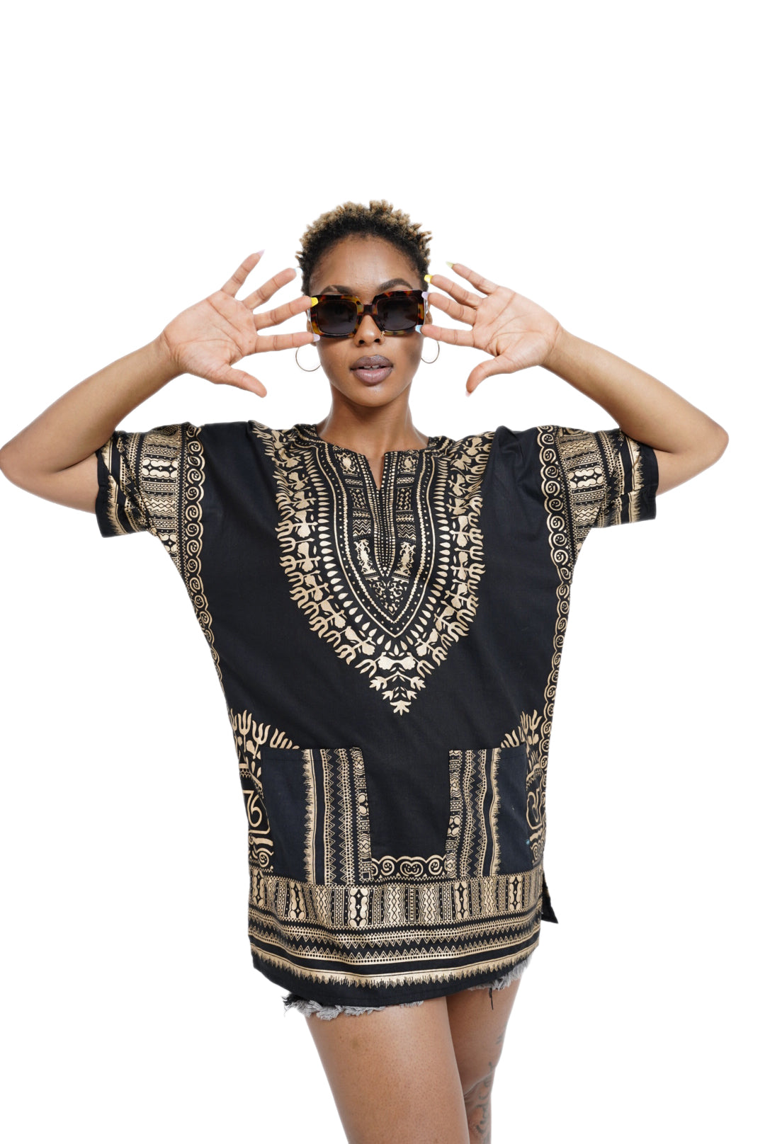 Dupsie's Black and Gold African Print Unisex Dashiki Shirt Suitable for Festivals, Concerts, Cruises, Outdoor Events -DP3764