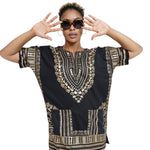 Dupsie's Black and Gold African Print Unisex Dashiki Shirt Suitable for Festivals, Concerts, Cruises, Outdoor Events -DP3764