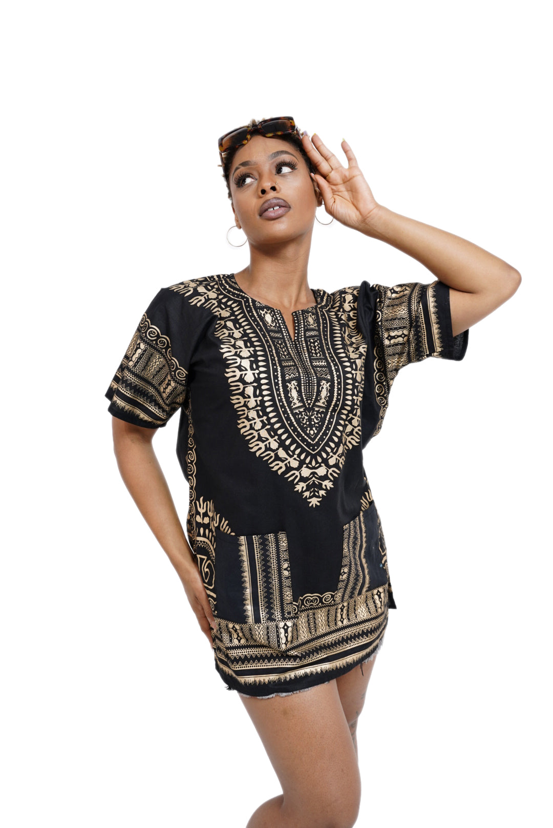 Dupsie's Black and Gold African Print Unisex Dashiki Shirt Suitable for Festivals, Concerts, Cruises, Outdoor Events -DP3764