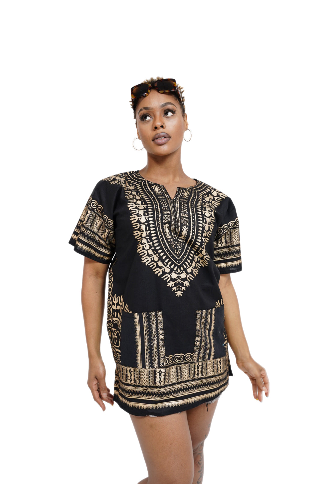 Dupsie's Black and Gold African Print Unisex Dashiki Shirt Suitable for Festivals, Concerts, Cruises, Outdoor Events -DP3764