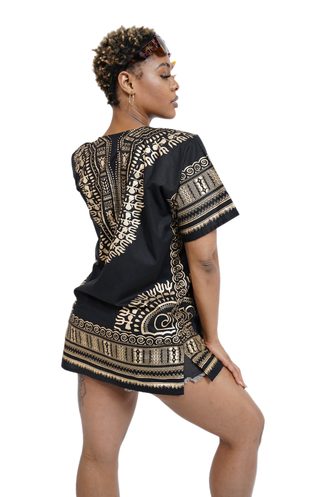 Dupsie's Black and Gold African Print Unisex Dashiki Shirt Suitable for Festivals, Concerts, Cruises, Outdoor Events -DP3764