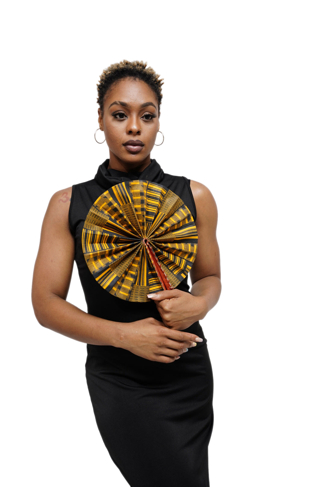 Kwasi Foldable Black and Gold African Print Ankara Kente Fan with Leather Handle DPPF4091