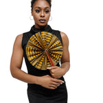 Kwasi Foldable Black and Gold African Print Ankara Kente Fan with Leather Handle DPPF4091