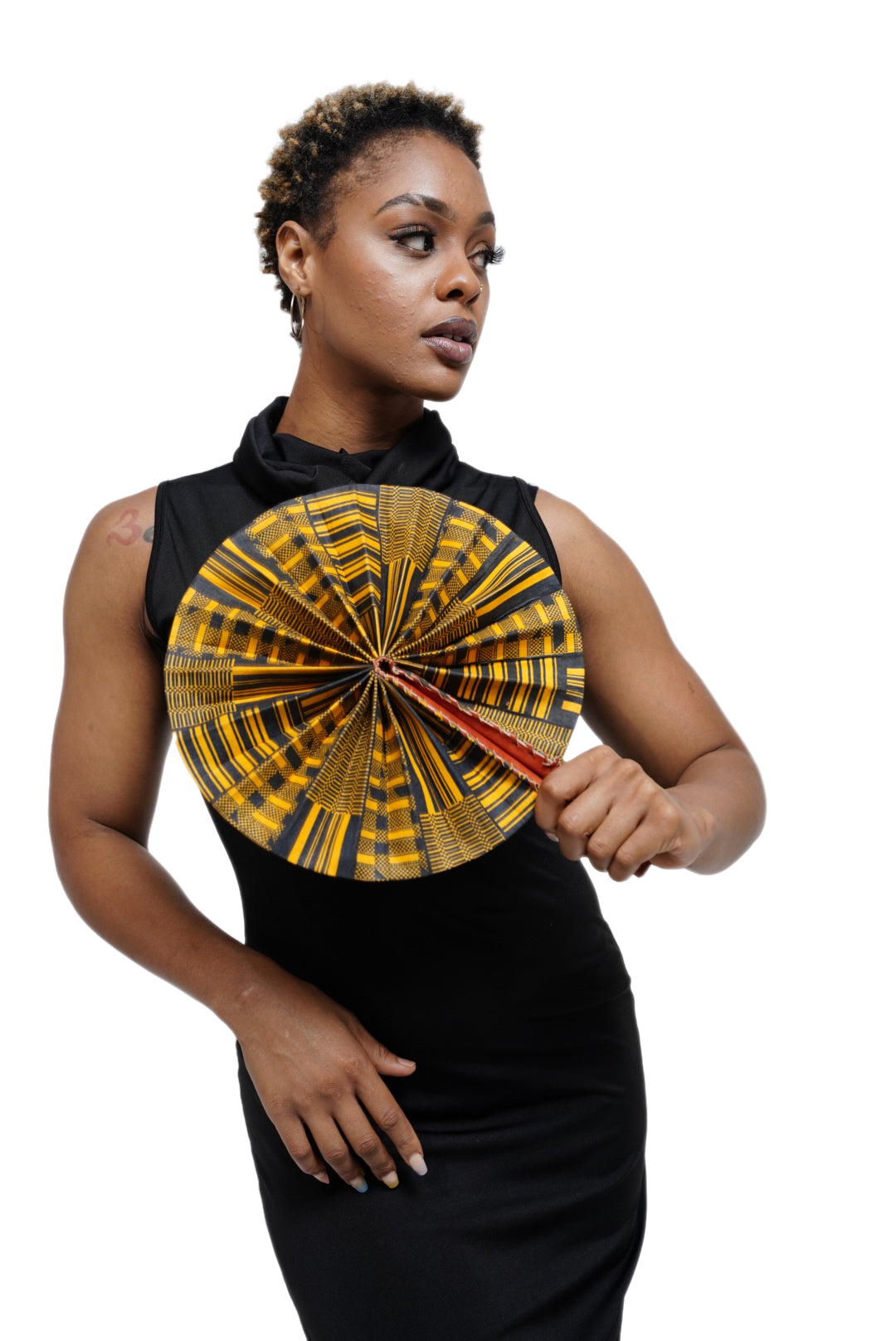 Kwasi Foldable Black and Gold African Print Ankara Kente Fan with Leather Handle DPPF4091