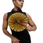 Kwasi Foldable Black and Gold African Print Ankara Kente Fan with Leather Handle DPPF4091