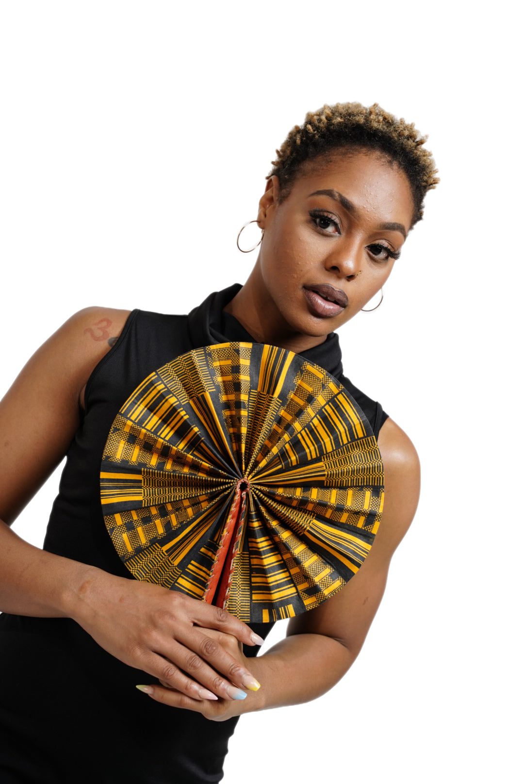 Kwasi Foldable Black and Gold African Print Ankara Kente Fan with Leather Handle DPPF4091