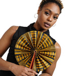 Kwasi Foldable Black and Gold African Print Ankara Kente Fan with Leather Handle DPPF4091