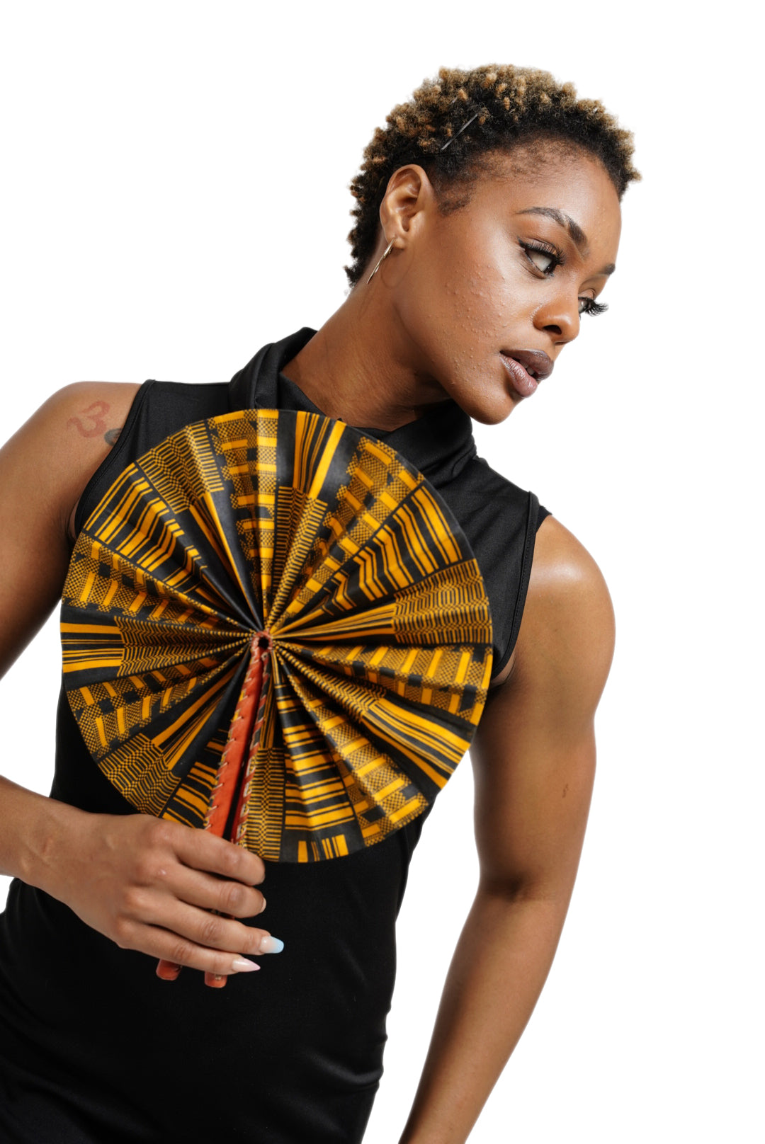 Kwasi Foldable Black and Gold African Print Ankara Kente Fan with Leather Handle DPPF4091