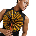 Kwasi Foldable Black and Gold African Print Ankara Kente Fan with Leather Handle DPPF4091