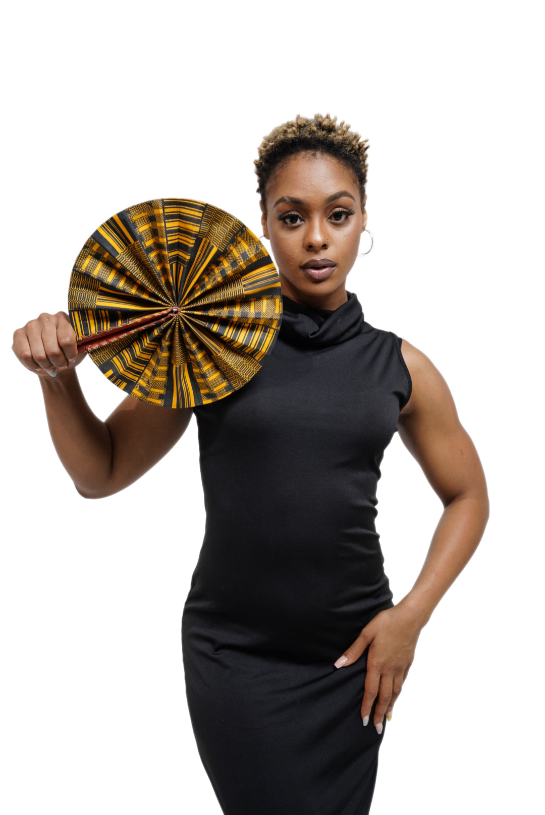 Kwasi Foldable Black and Gold African Print Ankara Kente Fan with Leather Handle DPPF4091
