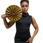 Kwasi Foldable Black and Gold African Print Ankara Kente Fan with Leather Handle DPPF4091