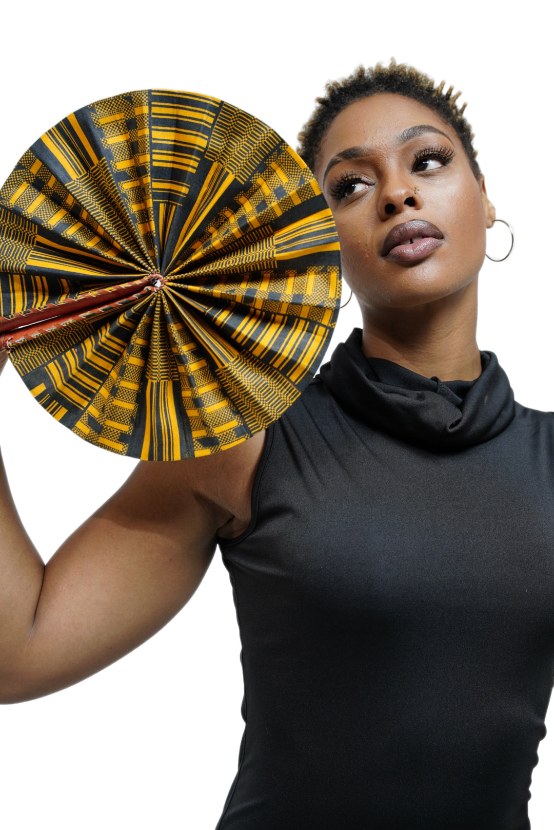 Kwasi Foldable Black and Gold African Print Ankara Kente Fan with Leather Handle DPPF4091