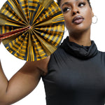 Kwasi Foldable Black and Gold African Print Ankara Kente Fan with Leather Handle DPPF4091