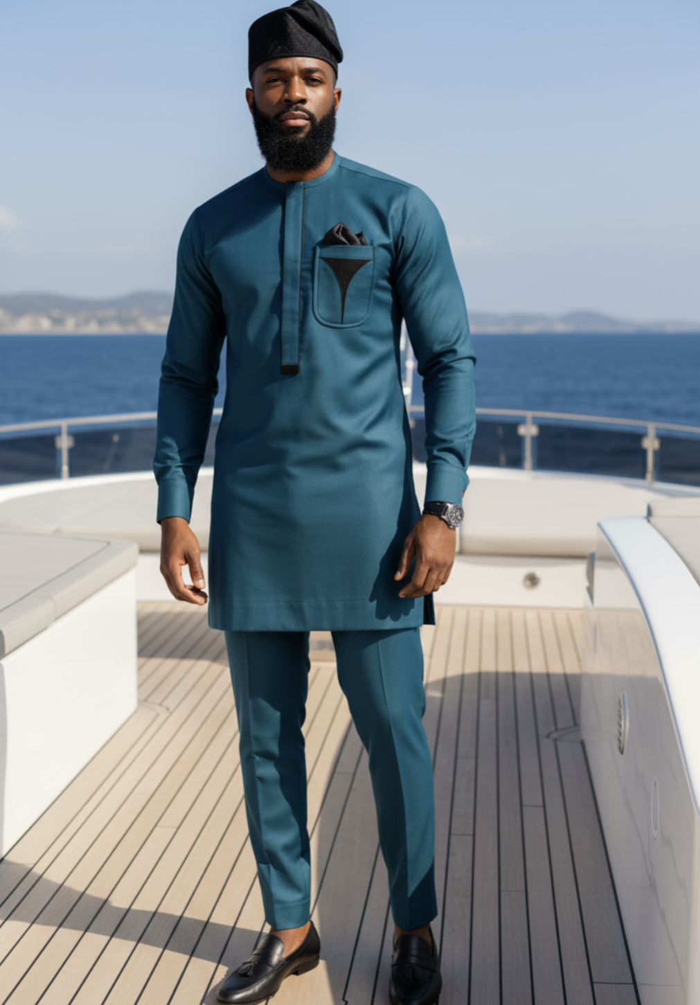 Luo Green African Senator Dashiki Top embellished with black hour-glass embroidery