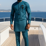 Luo Green African Senator Dashiki Top embellished with black hour-glass embroidery