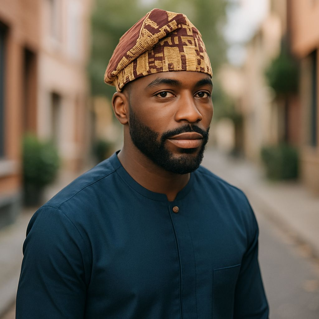 Brimless brown African Aso Oke kufi cap hat by Dupsie’s African Fashion – Yoruba fila in authentic Nigerian clothing style