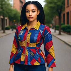 Dupsie's Ajain African Print Ankara Peplum Blazer Zip-up Jacket