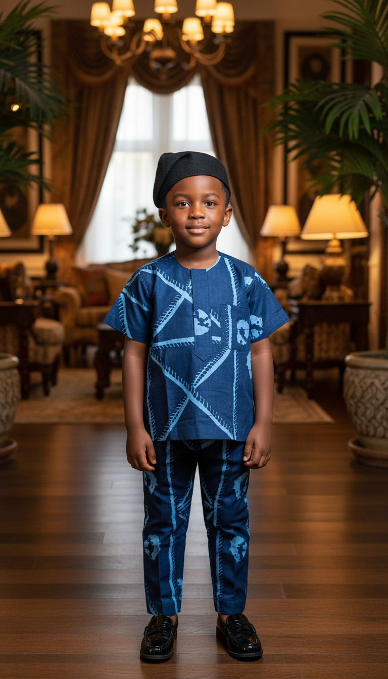Iboko Navy-Blue and Light Blue African Print Ankara Short-Sleeve Dashiki Shirt and Pants for Children DPC9100TP