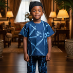 Iboko Navy-Blue and Light Blue African Print Ankara Short-Sleeve Dashiki Shirt and Pants for Children DPC9100TP