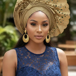 Gold Lazercut Aso Oke Autogele Ready Gele Crown Hat front view