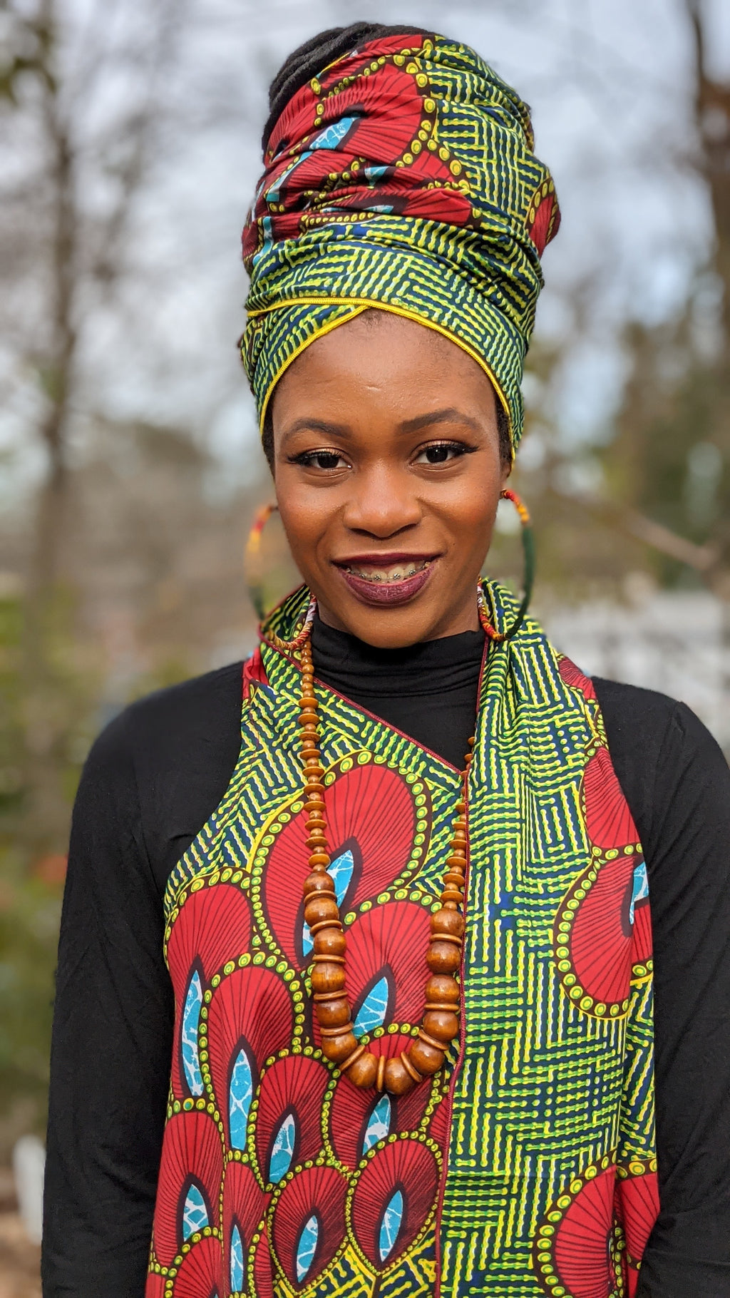 Dupsie's Yoruba Oasis Green Red Blue Peacock African Print Head Wrap-DP3846H1