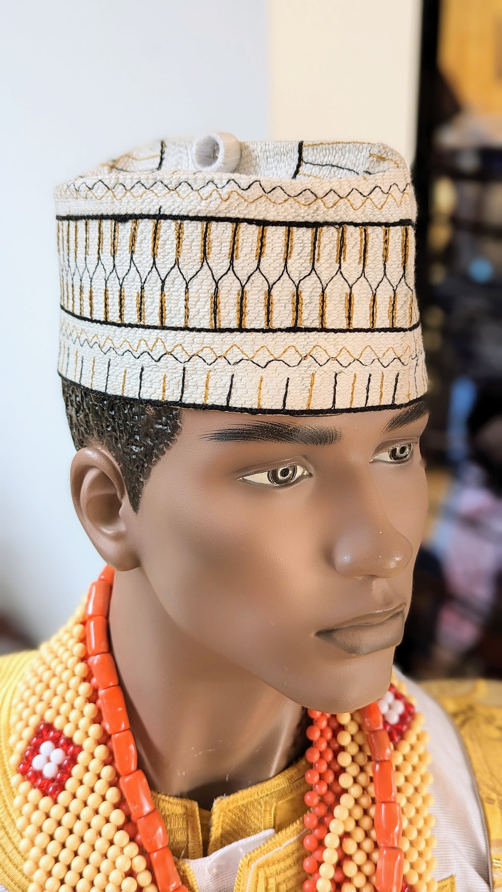 Shaha Off-White African Handwoven Hausa Mallam Nigerian Hat Kufi Cap-DPHOWMH3