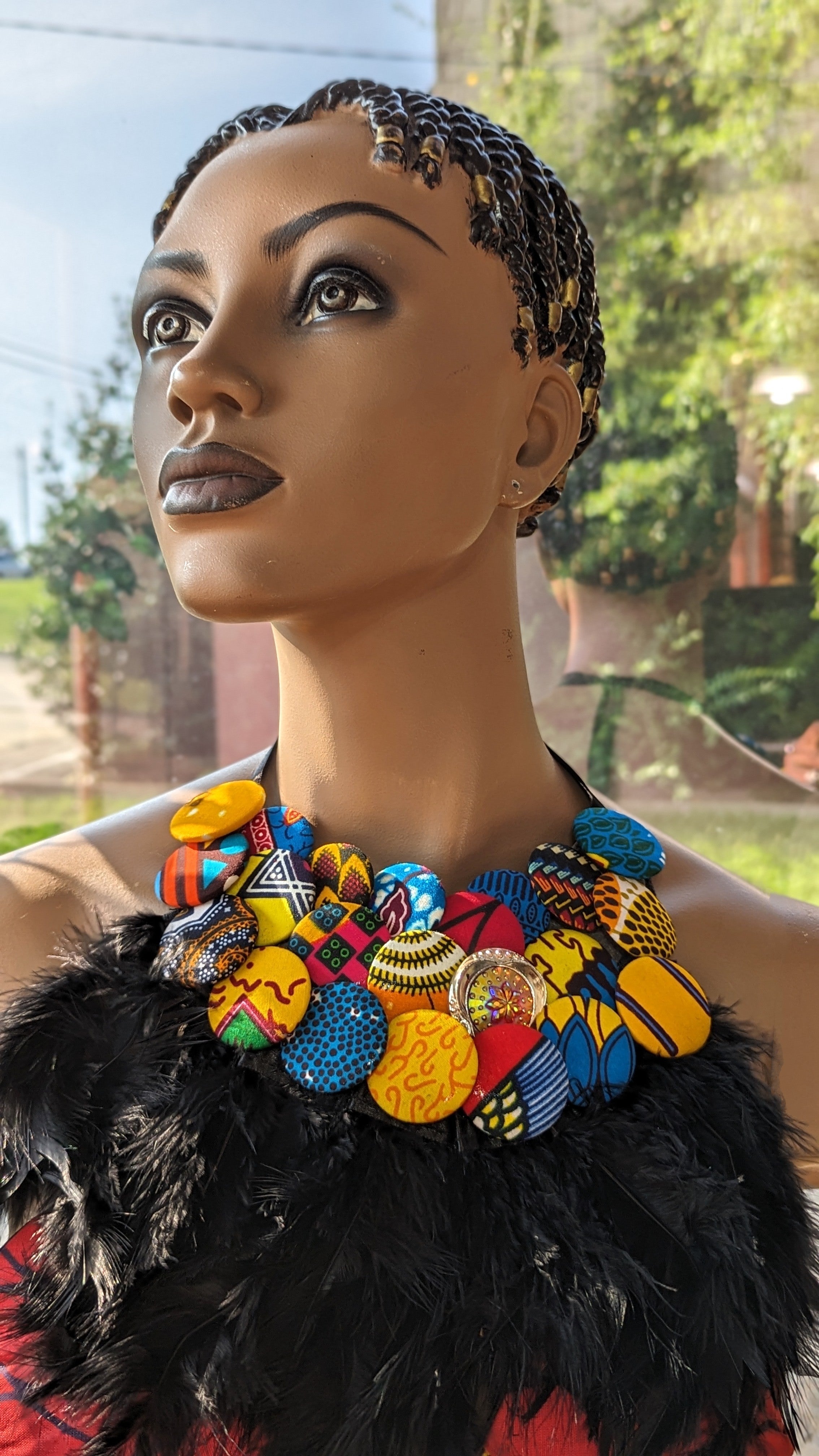 Dupsie's Ahenema Splendor Authentic Three-Tiered African Print Button and Feather Necklace-DPXJBAFW1