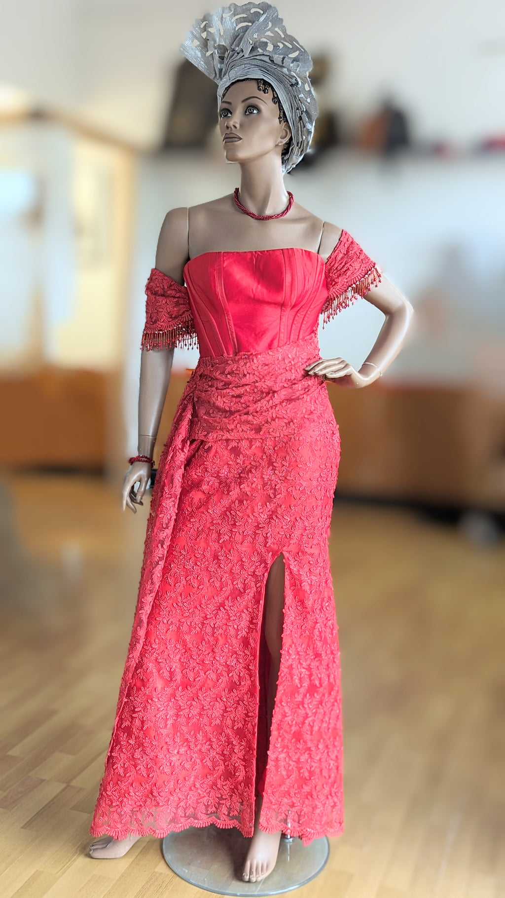 Ndidiwa Red African Cord Lace Maxi off-shoulder short sleeve corset Dress-DPXRACLD2