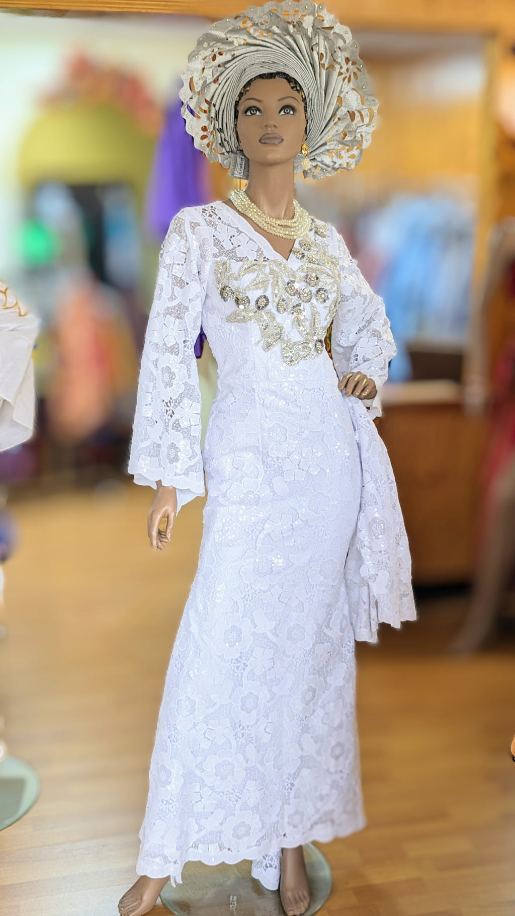 Tiwah White African Sequin Lace Maxi Dress-DPXWLS02