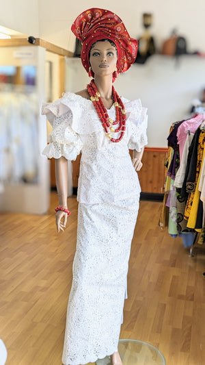 Florenze White African Sequin Lace Ruffle Blouse and Sequin Lace Wrap Skirt-DPXWSLTWS2